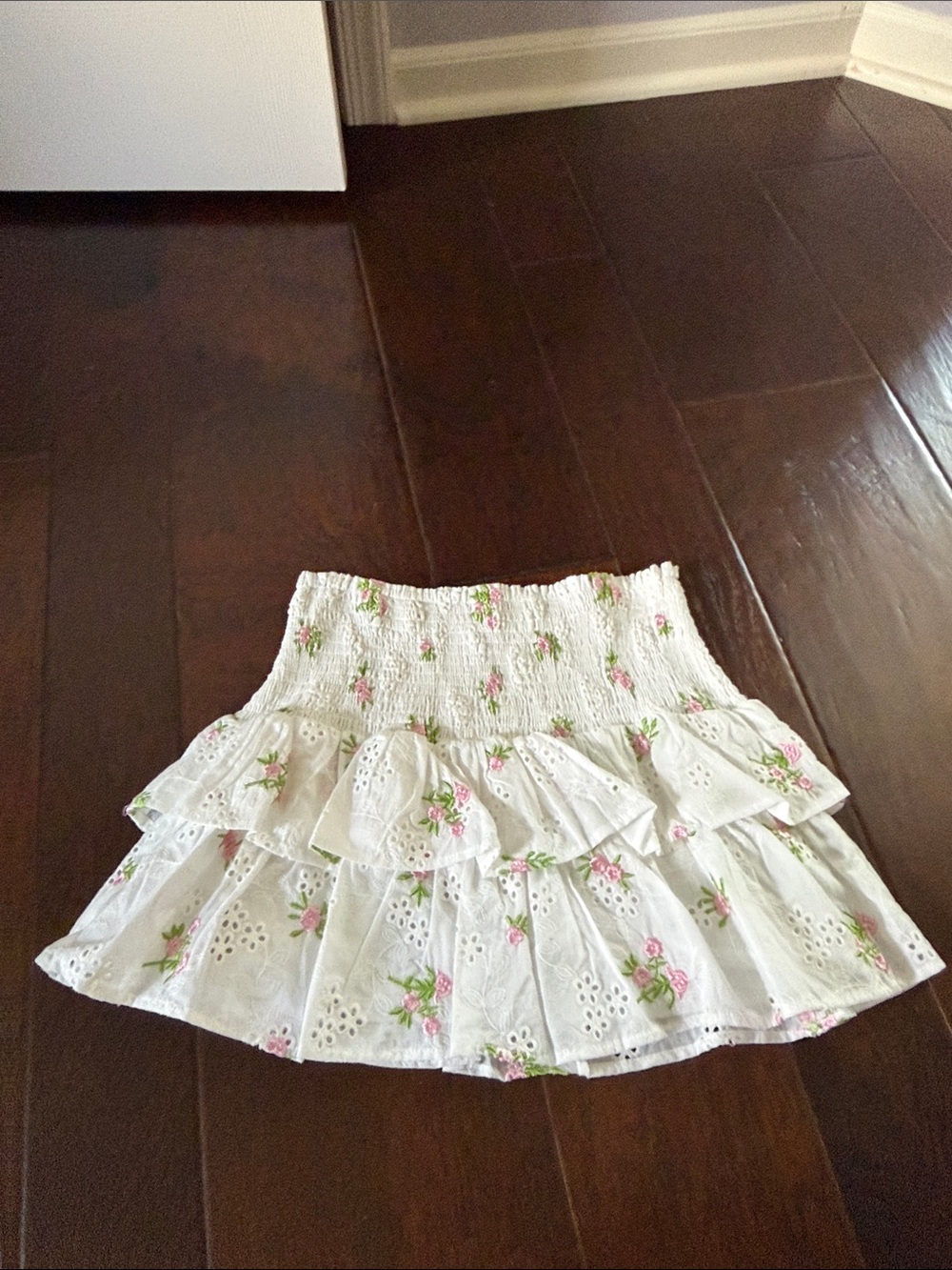 Olivaceous White Mini Skirt with Pink & Green Floral Eyelet